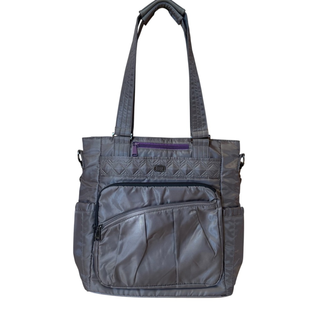 Lug Ace Tote Gray Quilted Nylon Purple Trim Shoulder Bag Travel Lots of Pockets